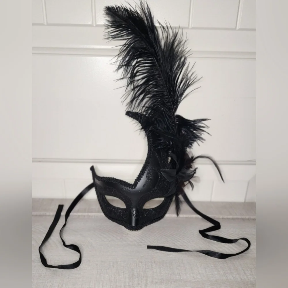 Black Glitter Masquerade Mask with Feathers Venetian Style Carnival/Mardi Gras